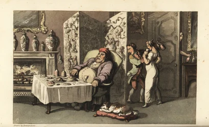 Johnny Sneaking the Maid Molly a Glass of Wine in the Parlour as Sir Jeffery Gourmand Sleeps at the Dining Table. Almost Caught by Another Servant at the Door. Handcoloured Copperplate Engraving by Thomas Rowlandson from William Combe