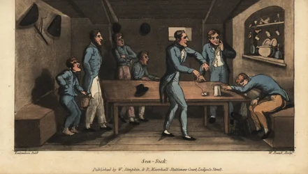 Johnny vomits into a bucket in the cabin as his ship sets sail. Another officer proposes a remedy of salt water and a piece of salt pork on a string. Handcoloured copperplate engraving by W. Read after an illustration by Thomas Rowlandson from Alfred Burto