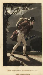 Johnny Walking on the Moonlit Road to London. He has a Backpack with Violin, a Book in his Coat Pocket, and Carries an Umbrella. Handcoloured Copperplate Engraving by Thomas Rowlandson from William Combe
