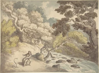 Landscape with Rushing Stream and a Couple on the Bank, Frightened by a Snake