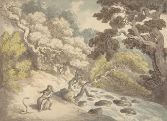 Landscape with rushing stream and a couple on the bank, frightened by a snake