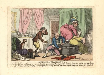 Man and two women failing to close a packed trunk