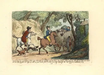 Man on horseback behind a slow-moving cart on a narrow lane