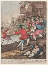 Miseries of London: Entering upon any of the bridges of London or any of the passages leading to the Thames being assailed by a group of watermen holding up their hands and bawling out. Oars Sculls. Sculls. Oars. Oars.