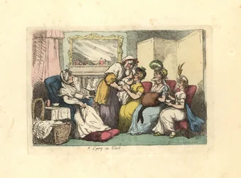 Mother with new born baby visited by several women in a parlour