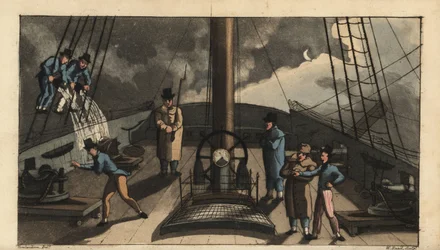 Naval rite of passage, Dogfish Bark: Johnny is sent on deck to listen for the bark of a dogfish, only to be soaked by buckets of water from sailors in the rigging. Handcoloured copperplate engraving by W. Read after an illustration by Thomas Rowlandson fro