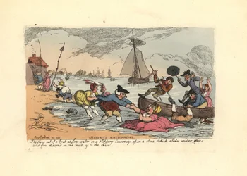 Passengers Slipping and Falling into the River Mud