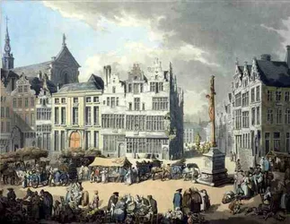 Place de Mier at Antwerp, engraved by Wright and Schutz, pub. by Rudolph Ackermann