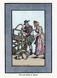 Roaming and client retamer showing the bottom of a pot. He hits a metal pot with a hammer on a portable bench. Wood engraving, based on a painting by Thomas Rowlandson