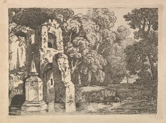 Ruins Next to a Pool in a Wooded Landscape