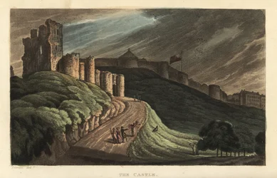 Scarborough Castle: Tourists Walking Up the Hill to the 12th Century Stone Castle. Handcoloured Copperplate Engraving by Thomas Rowlandson After a Sketch by J. Green from Poetical Sketches of Scarborough, Ackermann, London