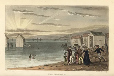 Sea Bathing: naked women swimming in the sea, and bathing engines being driven into the water