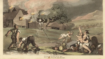 The Skeleton of Death Burns Down a House with Torches as a Family Tries to Save Its Treasures and Put Out the Fire with Buckets of Water from the Pond (Handcoloured Copperplate by Thomas Rowlandson)