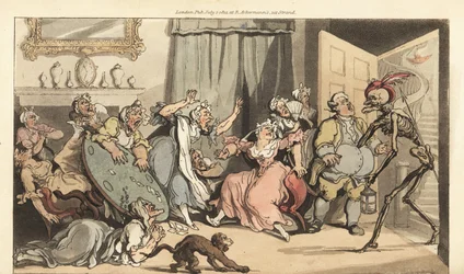 The Skeleton of Death Comes for Miss Mustard, One of the Old Maiden Ladies Playing Cards in a Parlour