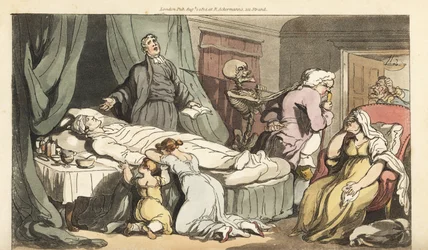 The Skeleton of Death Comes for the Doctor, as the Priest Prays Over the Dead Body of a Good Man Mourned by His Wife and Child