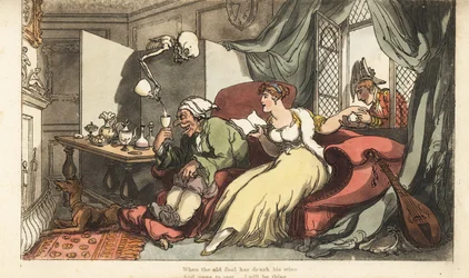 The skeleton of Death pours a fatal glass of wine for old fool Sir Peter on his honeymoon, while his young wife Julia flirts with Major Henry at the window