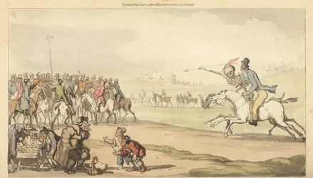 The skeleton of Death rides with a man toward the betting post on a racetrack, while children play a game of lotto