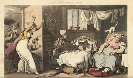 The skeleton of Death rocks the cradle of a baby while the nanny sleeps and the distraught mother arrives home
