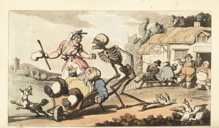 The skeleton of Death takes away the drunken Sot in a wheelbarrow, while other drunks make merry in front of The Goat pub. Handcoloured copperplate drawn and engraved by Thomas Rowlandson from The English Dance of Death, Ackermann, London