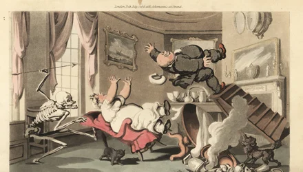 The Skeleton of Death Throws His Dart at a Man as He Topples from a Set of Stairs While Winding a Clock Above the Mantlepiece. He Falls Back on to His Wife in a Chair (Handcoloured Copperplate by Thomas Rowlandson)