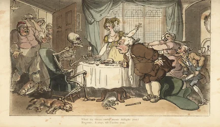 The skeleton of Death with dart and hourglass comes for the glutton as he feasts at dinner