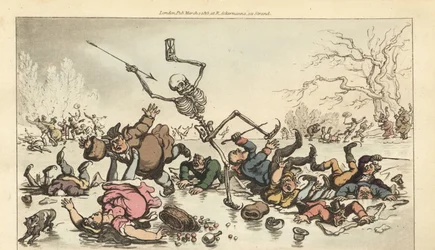 The Skeleton of Death Skating on a Frozen Pond. Handcoloured Copperplate by Thomas Rowlandson from 