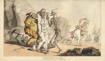 The Skeleton of Death with Hourglass and Dart Comes for a Pierrot and Other Clowns, While a Harlequin Dances with a Woman on a Beach (Handcoloured Copperplate by Thomas Rowlandson)
