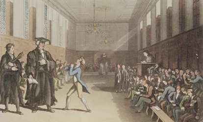 The stern preceptor, with his threatening nod, calls in the wise correction of the rod, from A Compendious Treatise on Modern Education, 1802