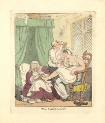 Woman having her feet treated painfully by a chiropodist