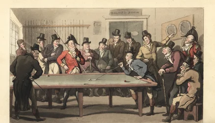 Young English Gentlemen Playing a Game of Billiards