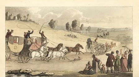 Young English gentlemen racing four-horse carriages on a road