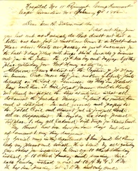 Letter signed T.S. Hawley, Hospital 11th Missouri Infantry, Camp Fremont, Cape Girardeau, to family, February 9, 1862