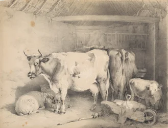 Sheep and Cattle in a Barn