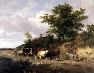 Wooded Landscape with a Boy on a Donkey and Cattle at a Ford