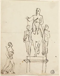 Sculpture of Horseman Accompanied by Two Standing Figures, with Sketch of One of Latter