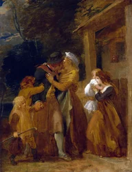 The return of the sailor, reuniting with his family on the threshold of his cottage