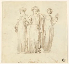 Three Muses (recto); Study of Knight and Monk for an Illustration in a Gothic Novel (verso)