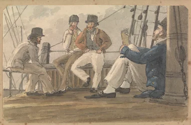 Four Sailors Relaxing on Deck, One Reading