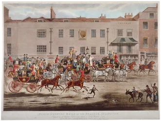 Mail coaches in front of the Peacock Inn on Islington High Street, London, 1823