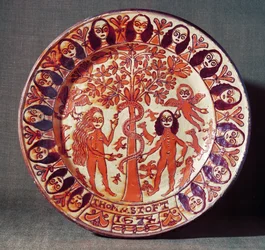 Adam and Eve Slipware Dish, North Staffordshire