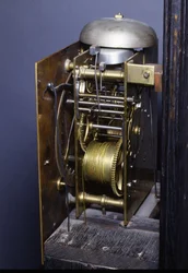 (detail) of a Charles II Roman striking month-going longcase clock, 1675