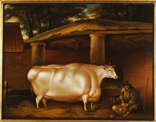 The White Heifer that Travelled, with a man slicing turnips in a stable yard, 1811