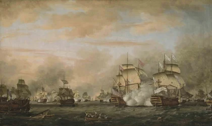 The Battle of the Saintes, 12 April 1782. HMS Barfleur attacking the French flagship Ville de Paris