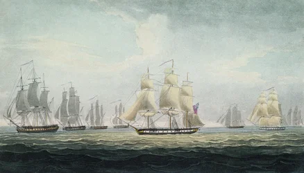 The naval manoeuvre of Sir Graham Moore (1764-1843), commander of the squadron of four frigates in the British Royal Navy, which captured a Spanish treasure fleet off Cádiz, Spain, on October 5