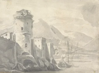 Fortified Buildings Rising Steeply from a River Bank (in Italy ?) with Boat Centre and Distant Mountains