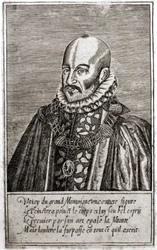 Portrait of Michel de Montaigne, French writer. Engraving by Thomas de Leu.