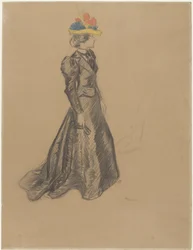 Standing Lady in a Black Costume with a Train and a Coloured Straw Hat with Summer Flowers