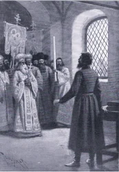 Boris Godunov in retirement at the monastery entreated to accept his election as Czar, illustration from Landmarks in European History published by Gresham Publishing Co, c.1920