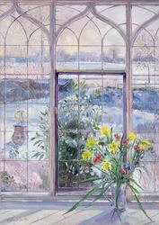 Daffodils and Sundial Against the Snow