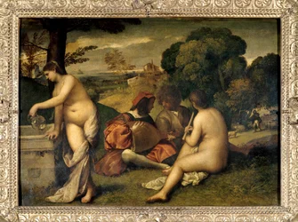 The Pastoral Concert. Musicians on the grass, the two women are naked, one of them filled her jug with water at a fountain. Painting attributed to Tiziano Vecellio, called Titian (1485-1576), or Giorgio da Castelfranco, called Giorgione (1476/1478-1510).